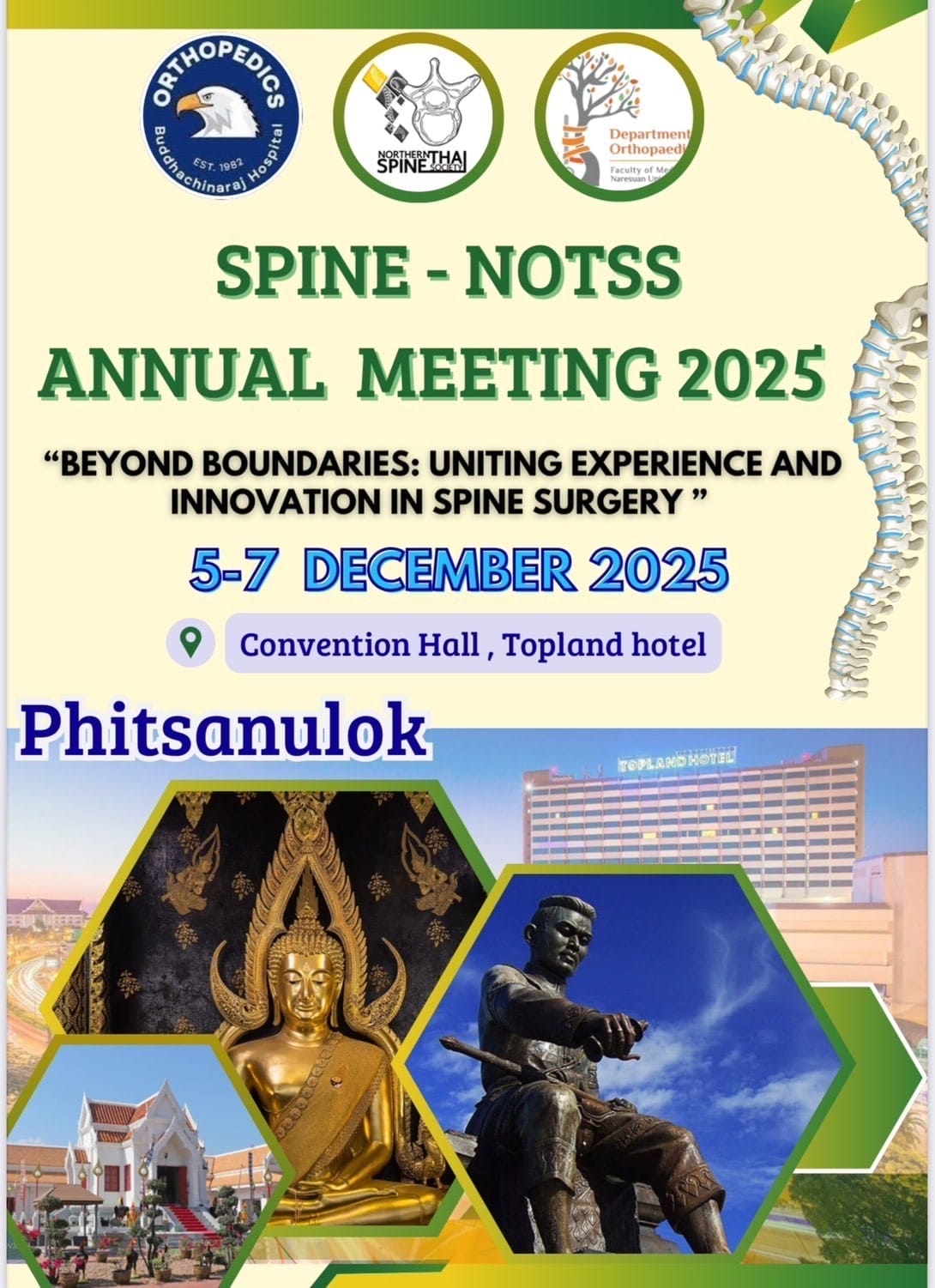 SPINE-NOTSS Annual Meeting 2025 poster with event details at Topland Hotel, Phitsanulok, December 5-7.